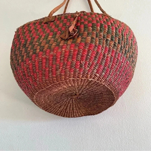 Jute Woven Colorful Rounded Bag Leather Straps Natural Grass Summer Beach - Picture 7 of 10